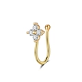 Detail of non-pierced gold nose clip featuring a four-petal flower with zircon stones - 4-Petal Flower (2730) / Gold
