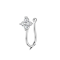 Detailed view of silver non-pierced nose ring featuring a four-petal zircon flower design - 4-Petal Flower (2730) / Silver