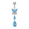 Detailopname van een zilveren vlinder navelpiercing met blauwe markies- en peervormige steen - Blauw