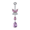 Detail van vlinder navelpiercing met roze en witte zirkoon en traanvormige hangers - Paars