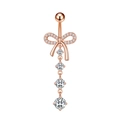 Detail of rose gold belly button ring with zircon bow and four cascading gems - Bow Style (2756) / Rose Gold