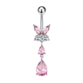 Dettaglio del piercing all'ombelico a farfalla con zirconi rosa a forma di pera e marquise - Rosa