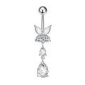 Detailopname van vlinder navelpiercing met druppelvormige zirkoon hangers op wit decor - Staal Witte Zirkonia