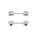 Detail of silver nipple bars with blue-purple enamel pansy flowers and cubic zirconia - Pansy Flower Zirconia Style (2794)