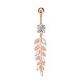 Detail of rose gold belly button ring featuring leaf pendant and sparkling round zircon - Leaf Style (2757) / Rose Gold