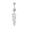Detailed view of curved silver navel ring with large round zircon and leafy charm - Leaf Style (2757) / Steel
