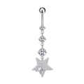 Detail showing high-polish silver navel ring with sparkling zircon star pendant charms - Star Style (2758) / Steel