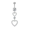 Detailed view of silver belly ring with dangling double heart and round zircon stones - Double Heart Style (2759) / Steel