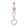 Close-up of rose gold triple-layer navel ring with zircon-encrusted heart pendants - Double Heart Style (2759) / Rose Gold