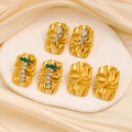 Vintage gold textured rectangle earrings set with floral and rhinestone accents - Crinkle Rose Pattern (CK139) / Gold