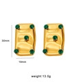 Gold rectangular stud earrings with hammered texture and five green gems, 30mm height - Five Green Zirconia Hammered Rectangular Style (CK145) / Gold