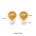 Titanium steel serpent style golden ball and pearl earrings with dimension markings - Gold Ball Double Pearl Drop Earrings (CK36)