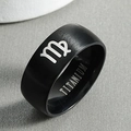 Macro shot of black titanium Virgo ring featuring brushed finish and silver constellation - Size 6 / Virgo