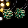 Green zircon flower stud earrings with emerald square crystals and gold finish - Gold and Green Floral Cluster Style