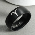 Detailed close-up of a black titanium Aries zodiac ring with a matte brushed finish - Size 6 / Aries