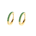 Close-up of gold stainless steel hoop earrings featuring emerald green round crystals - Steel / May Green (Emerald Color)