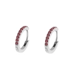 Silver stainless steel huggie earrings with a vertical row of vibrant red round zircons - Steel / January Red (Garnet Color)