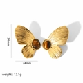 Macro detail of 18K gold-plated butterfly earrings with dimensions and weight info - Tiger Eye Texture Center Butterfly Style (JJTE6090) / Gold