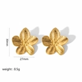 Detailed view of large gold floral earrings with 30mm size dimensions and brushed metal texture - Gold Brushed Five Petal Flower Style (JJTE6091) / Gold