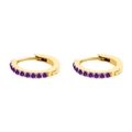 Golden stainless steel huggie earrings featuring a row of vibrant purple gemstones - Steel / June Purple (Alexandrite Color)