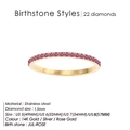 Bague en acier inoxydable plaqué or 14 carats avec 22 petits cristaux de rubis rose - Couleur Acier No.5 / Juillet Rose Rouge