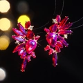 Sparkling rose red teardrop zircon flower earrings with gold plated wing design - Gold and Rose Red Luxury Fan Style
