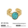 Anello in acciaio inossidabile placcato oro 18k con foglia e pietra turchese ovale - Stile Pietra Blu Ovale Motivo Foglia (WF-R015GL)