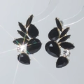 Elegant leaf-shaped earrings featuring black water-drop gemstones and gold metal base - Gold and Black Radial Leaf Style