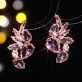 Sparkling pink zircon flower earrings with golden finish and marquise cut crystal design - Gold and Pink Sweet Leaf Style
