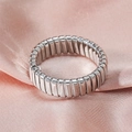 Polished silver striped ring with a flexible accordion design on pink silk background - Adjustable Open / Silver Pleated Style (JZ630S07)