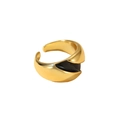 Macro detail of minimalist gold-plated wide ring with black enamel drips and polished finish - Adjustable Open / Black Enamel Style (JZ605GLBK)