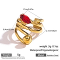 Detail view of 18k gold plated stainless steel ring with red stone and spiral design - Adjustable Open / Red Gemstone Style (DKR251063GL-R)