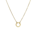 Minimalist gold stainless steel necklace with hammered round pendant on flat white background - Gold