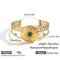 Detailed view of green natural stone open bangle with weave pattern and measurements - Gold Style (DKB253032GL)