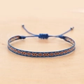 Detail of bohemian woven friendship bracelet with blue and orange geometric patterns - Blue Orange Yellow White Cross (KZ-0014N)
