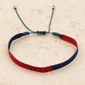 Detail view of navy blue and metallic pink woven strap bracelet with adjustable silver beads - Deep Blue Glitter Pink Style (KZ-0030)