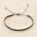 Macro detail of hand-woven dark green and silver cord bracelet with adjustable beads - Dark Green Silver Black Style (KZ-0036)