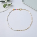 Chic 18K gold plated paperclip chain necklace with rainbow polymer clay beads - Half Chain Half Bead Color Block Necklace (JS-N211001D)