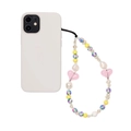 Detail van een telefoonkoord met imitatieparels en roze transparante harthangers - Hart Roze Perzik Hart