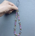 Detail view of handmade beaded phone strap with pink, amber, and iridescent crystals - Aurora Iridescent Amber and Pink Style (SJ-A220004D)