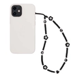 Minimalist black and white beaded phone strap with flower and evil eye charms on white background - Black and White Contrast Flower Lampwork Style (SZ-A220029A)