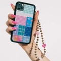 Pink heart beaded phone strap with mixed floral and plaid pattern patchwork phone case - Sz-a230005a