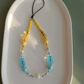 Detailed view of handmade beaded phone strap with cute gummy bear and crystal beads - Yellow And Blue Bear Style (SJ-A220017B)