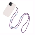 Crossbody phone strap with purple beads and light blue heart charms on white background - Dark Purple Blue Heart Style (SZ-A230020C)