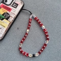 Handmade phone strap with red and iridescent square crystal beads and black cord accents - Red Transparent Square Beads / SJ-A210002N