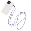 Long beaded phone strap with purple heart charms and white clouds on a white case - Sz-a230023a
