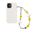 Handmade beaded phone strap with yellow smiley faces and white clouds on a white phone - Smiley White Cloud Handmade Beaded Style (SZ-A230035A)