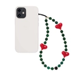Handmade green beaded phone strap with red heart charms for women on white background - Dark Green Beads With Red Glossy Heart (SZ-A230039C)