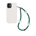 Beaded phone charm with dark green beads and translucent heart pendants on a white case - Dark Green Beads With Light Green Translucent Heart (SZ-A230039B)