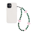 Handmade phone strap with black agate beads and pink heart charm on a white case - Dark Green Beads With Pink Transparent Heart (SZ-A230039A)